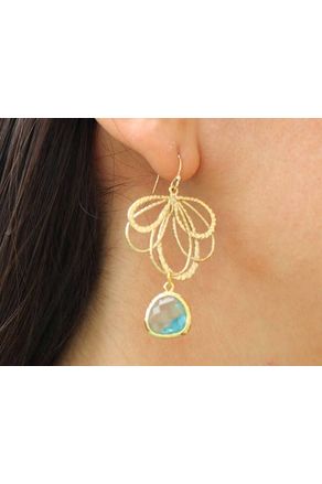 Aquamarine Earrings Gold Feather