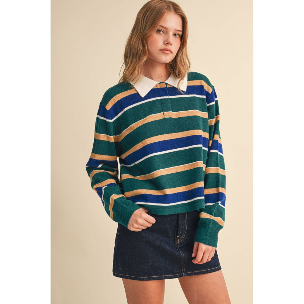 Striped polo sweater in pine, royal, and tan featuring bold horizontal stripes and a white collar in rugby style