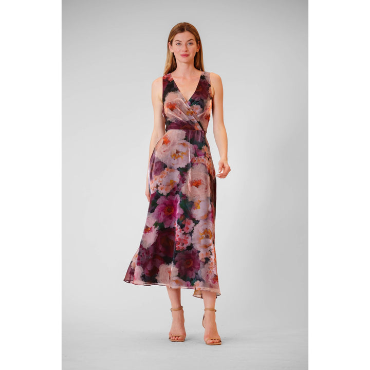 A flowing sleeveless floral organza midi gown in mauve and deep burgundy with a subtle sheen