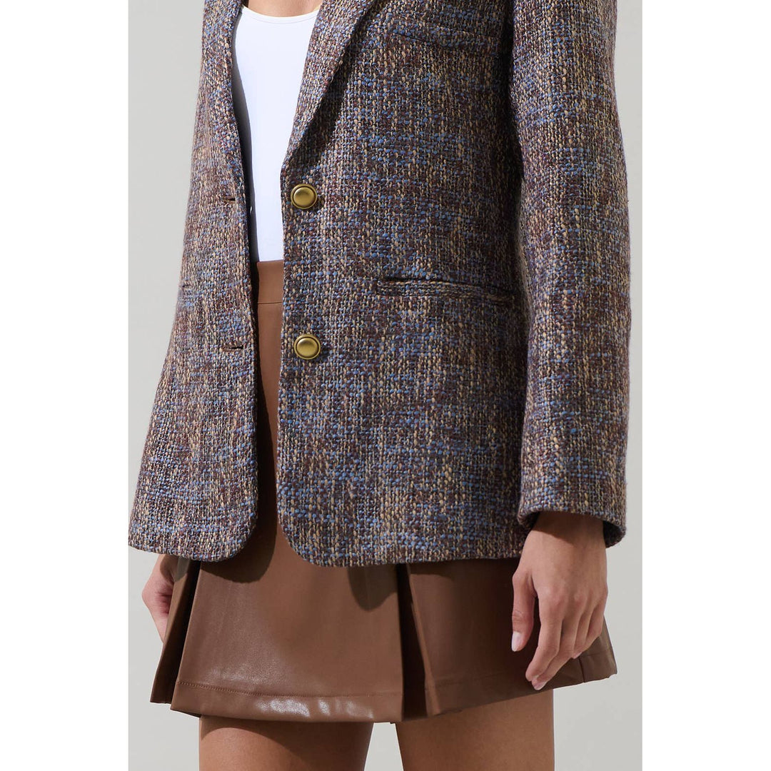 Textured tweed oversized blazer in earthy brown and blue tones with gold-tone buttons for stylish layering