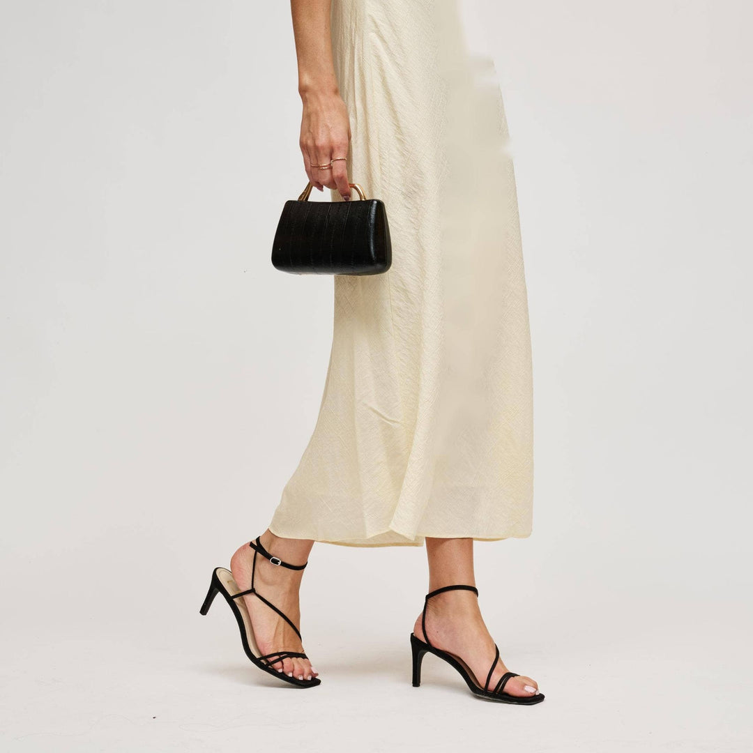 Black croc embossed nichelle clutch mini bag with gold tone handles for stylish evening use