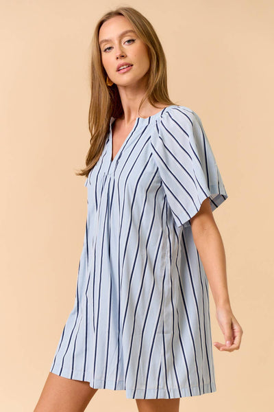 Striped Deep V-Neckline Mini Dress Light Blue
