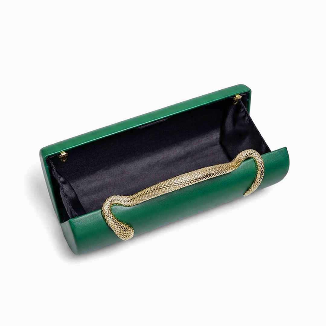 Maren handbag green emerald leather clutch with gold-toned snake handle for elegant evening use