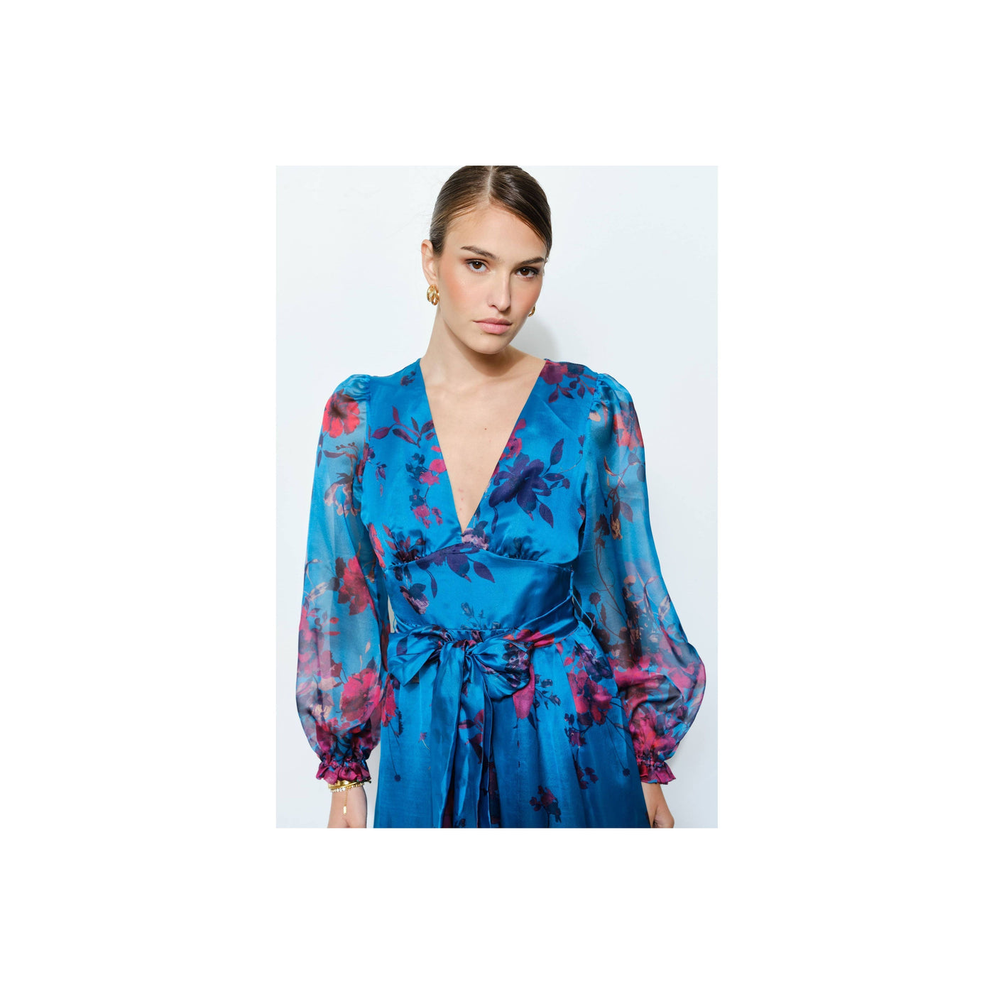 INA Floral Print Organza Red Maxi Dress