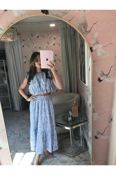 Aureum Blue Leaf Print Maxi Skirt