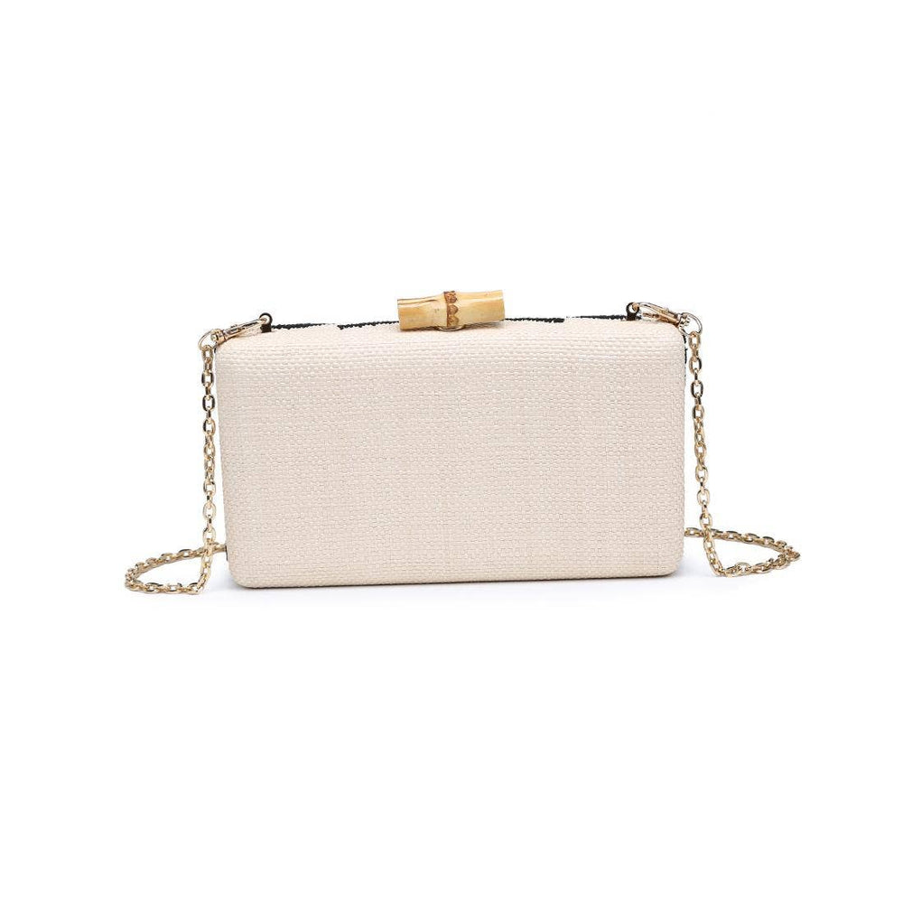 Cream-colored dorit clutch with textured surface gold-tone chain strap and bamboo-inspired clasp for elegant use