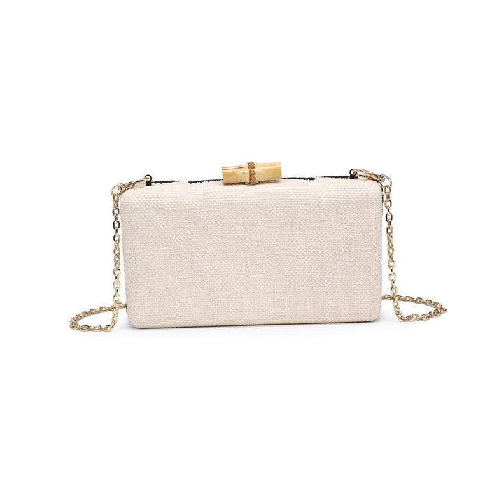 Cream-colored dorit clutch with textured surface gold-tone chain strap and bamboo-inspired clasp for elegant use