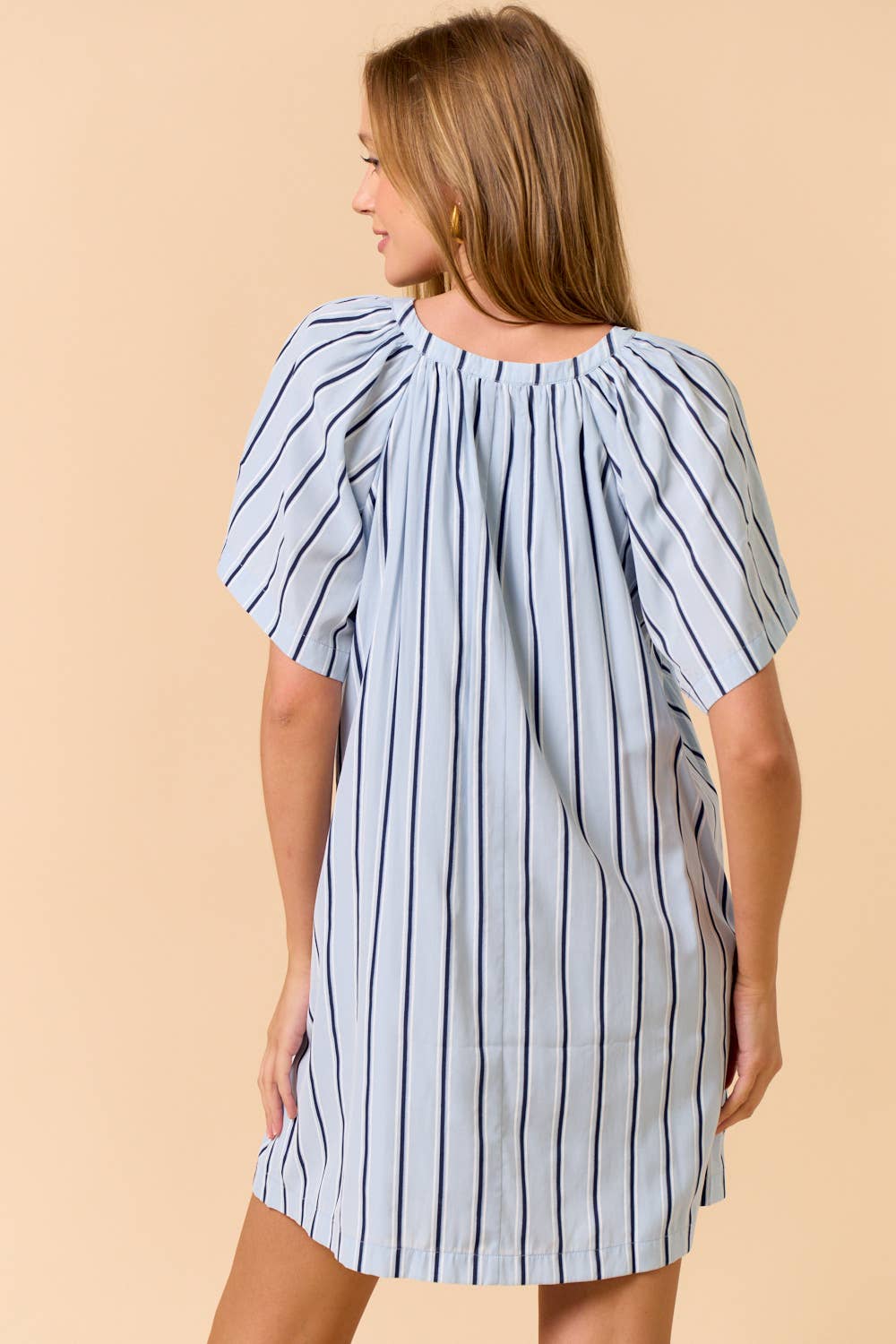 Striped Deep V-Neckline Mini Dress Light Blue