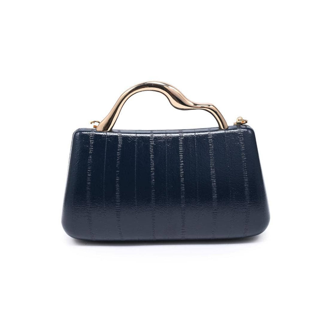 Navy clutch handbag in crocodile embossed leather with gold tone curved handle perfect for evening use