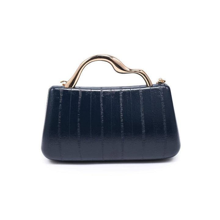 Navy clutch handbag in crocodile embossed leather with gold tone curved handle perfect for evening use