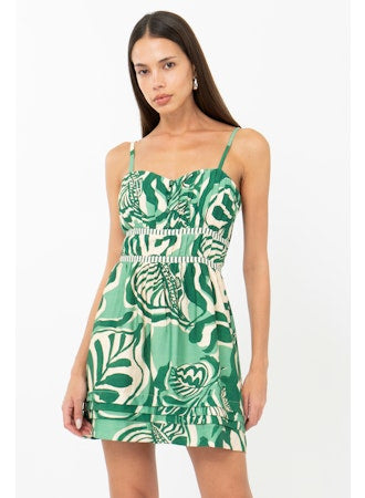 Runa Leaf Print Plisse Mini Dress
