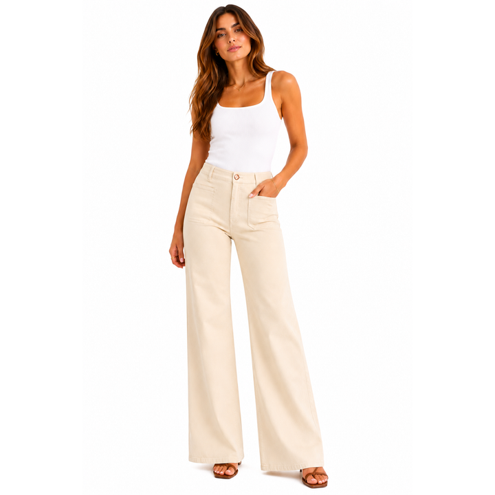 Beige high waist luxe wide leg cream pants with patch pockets and classic front pockets in soft fabric