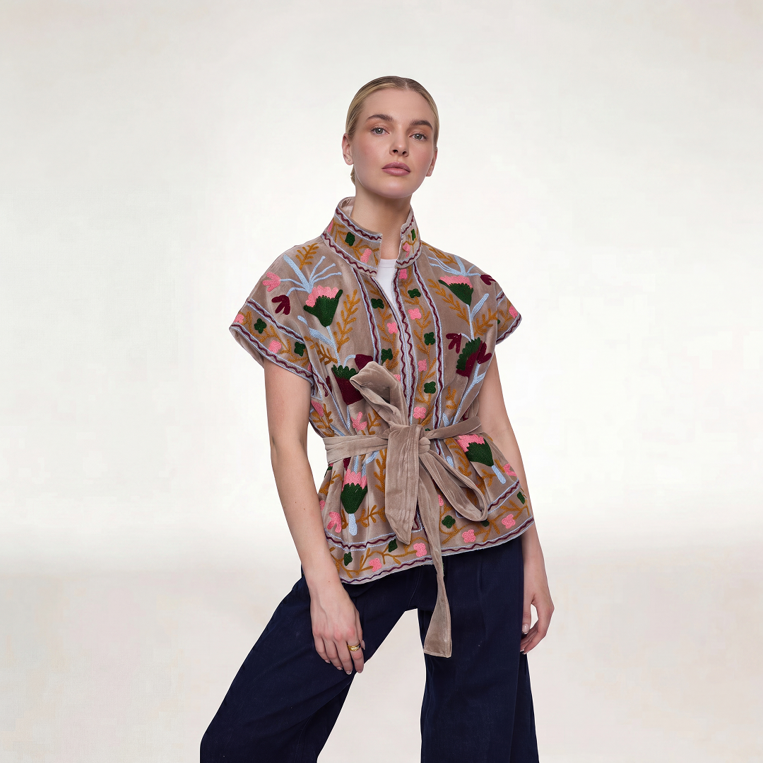Beige jaipur embroidered jacket gray with short sleeves and floral embroidery in pink green and gold