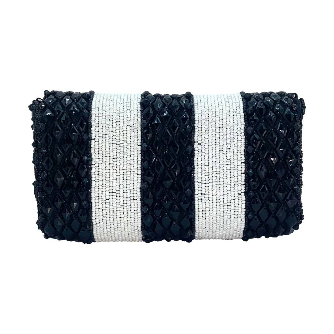 Black and white striped beaded clutch featuring a bold pattern ideal for stylish evening use