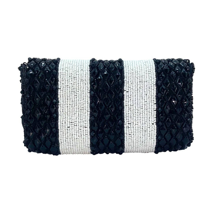 Black and white striped beaded clutch featuring a bold pattern ideal for stylish evening use