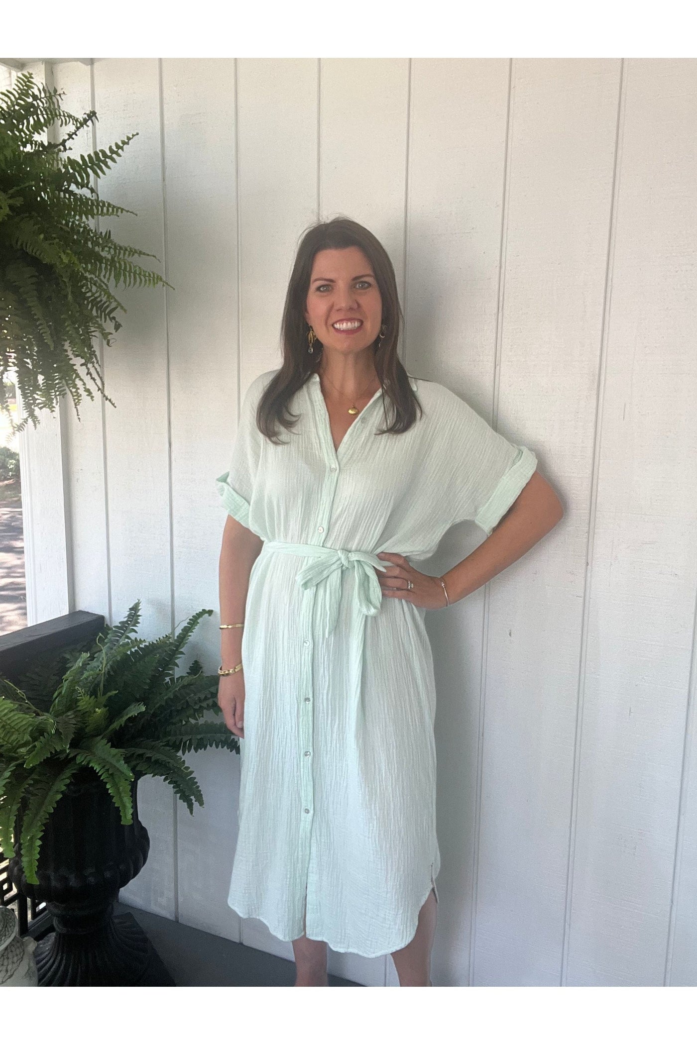 Gauze Roll Sleeve Shirt Dress Aqua