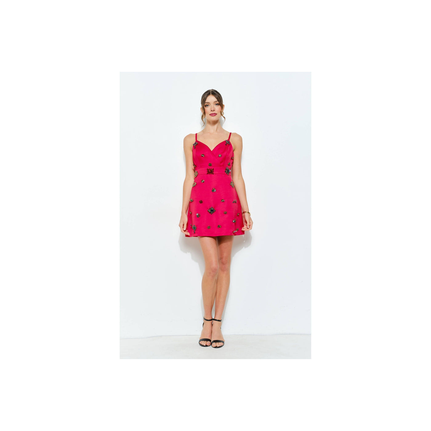 INA Embellished Jewel Satin Red Mini Dress
