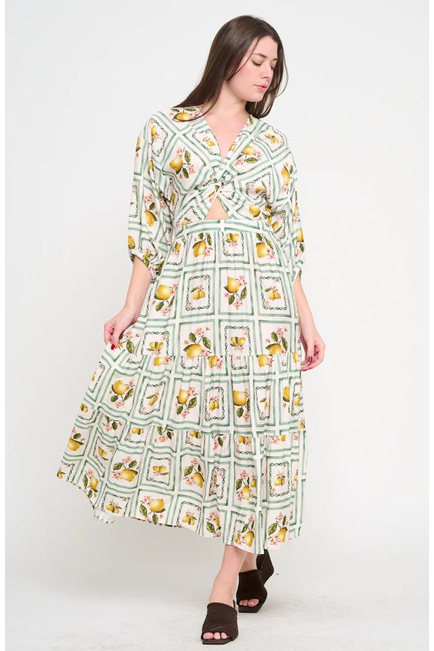 Lemon Grove Delight 3/4 Sleeve Maxi Dress