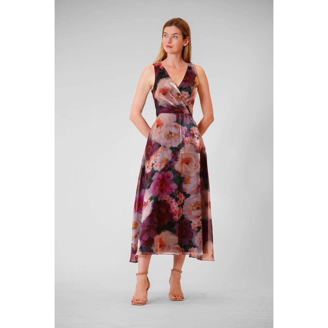 A flowing sleeveless midi dress in burgundy and pink floral satin organza fabric called floral organza midi gown