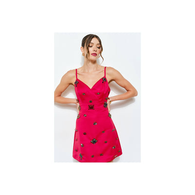 INA Embellished Jewel Satin Red Mini Dress
