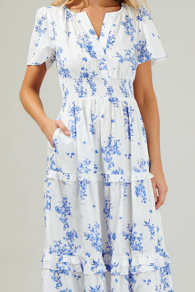 Sugarlips - Bestia Floral Palmer Poplin Tiered Maxi Dress: CreamBlue