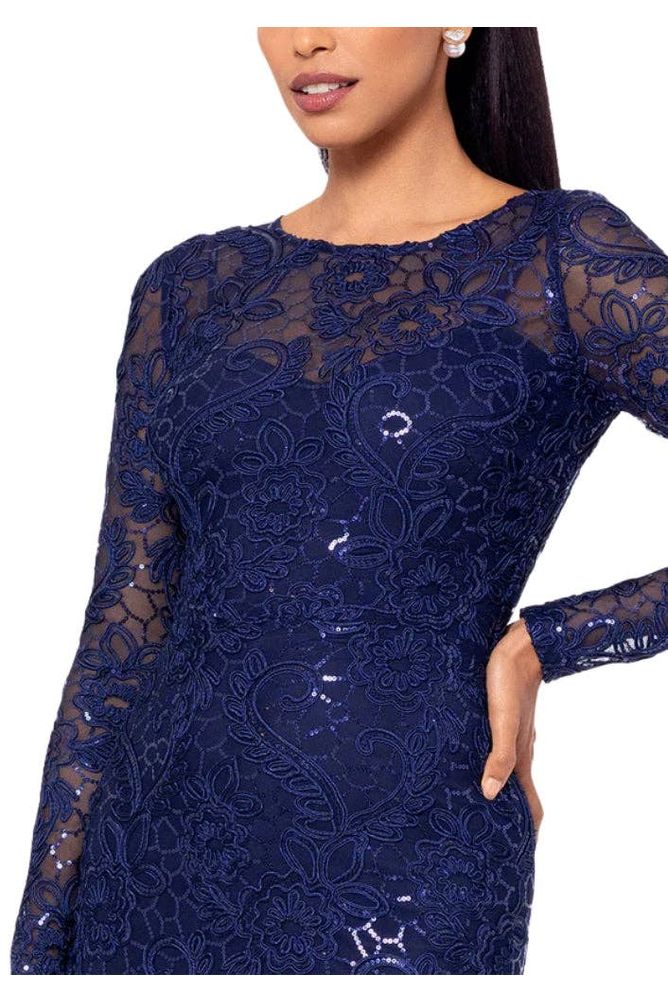 Betsy and Adam Cecelia Bateau Neckline Long Sleeves Intricate Lace Overlay Back Zipper Closure Modern Fit Gown Dress Navy