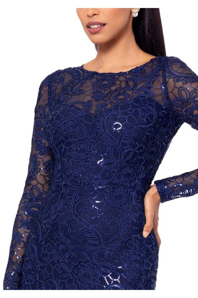Betsy and Adam Cecelia Bateau Neckline Long Sleeves Intricate Lace Overlay Back Zipper Closure Modern Fit Gown Dress Navy