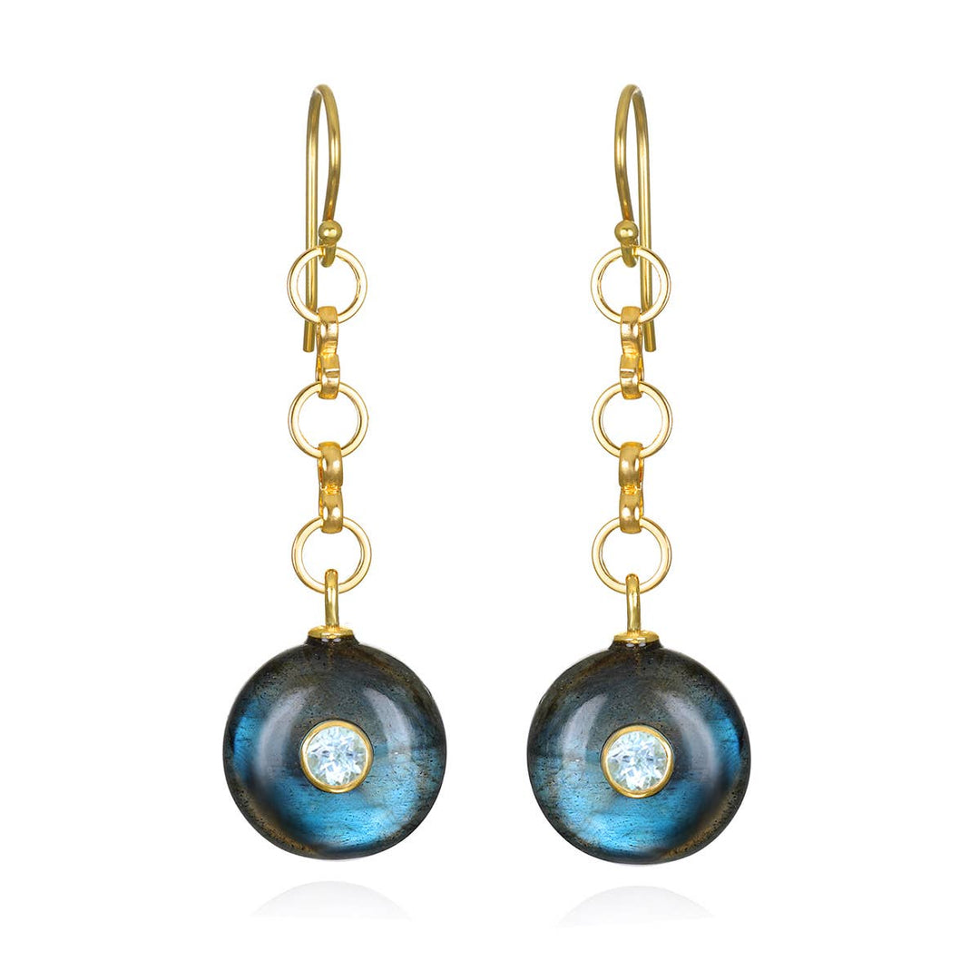 Elegant gold-toned dangle earrings featuring round iridescent blue labradorite stones with clear topaz accents