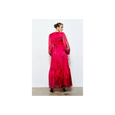 INA Floral Print Organza Red Maxi Dress