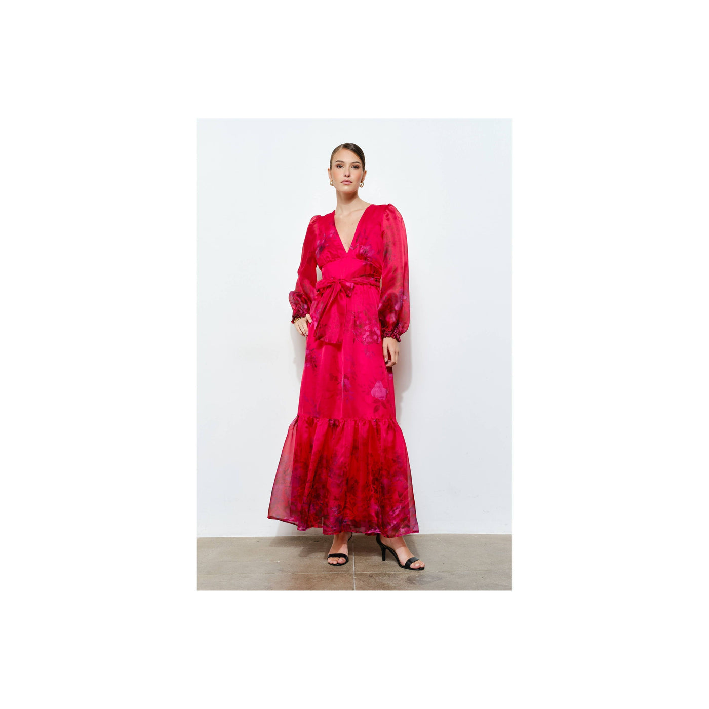 INA Floral Print Organza Red Maxi Dress
