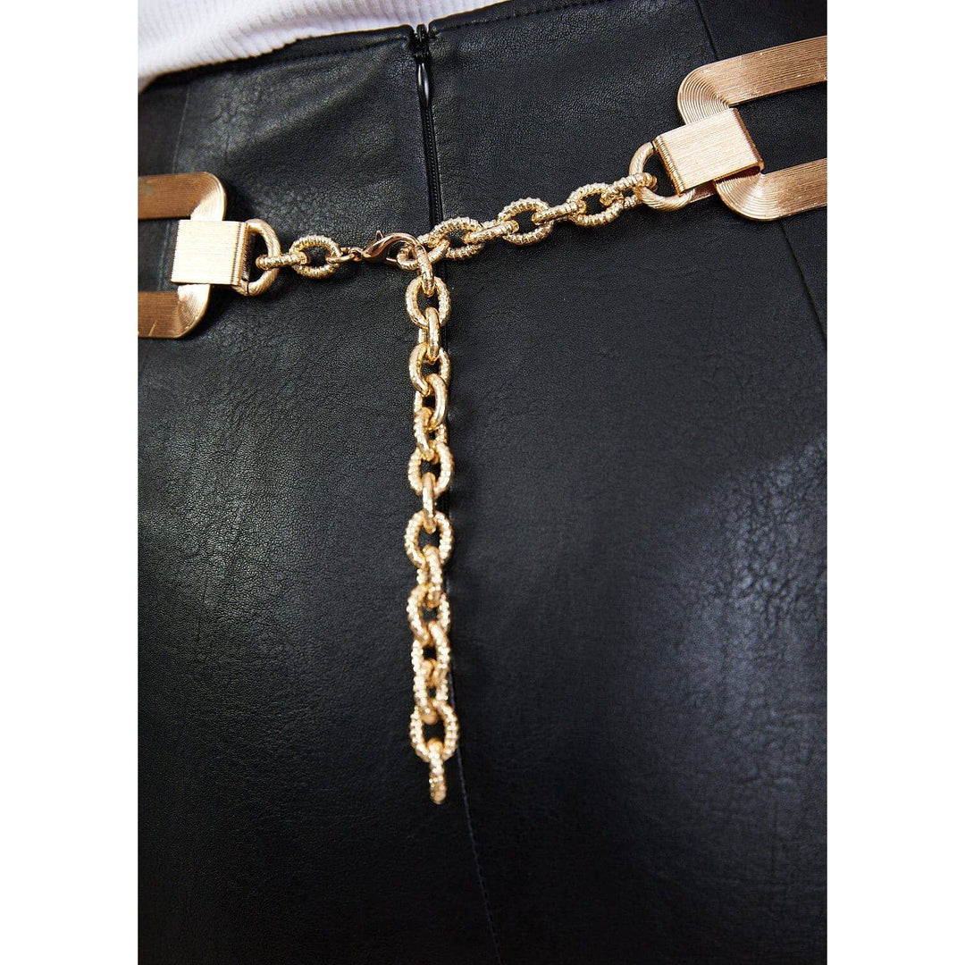 Large link chain belt featuring a gold-toned textured braided design with rectangular metal buckles