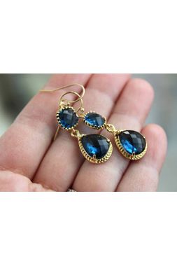 Gold Sapphire Earrings Navy Blue