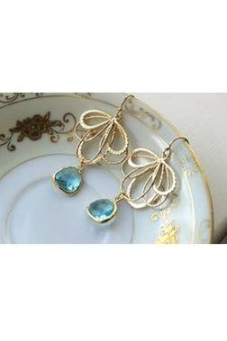 Laalee Jewelry - Aquamarine Earrings Gold Feather