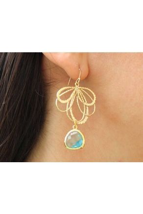 Laalee Jewelry - Aquamarine Earrings Gold Feather