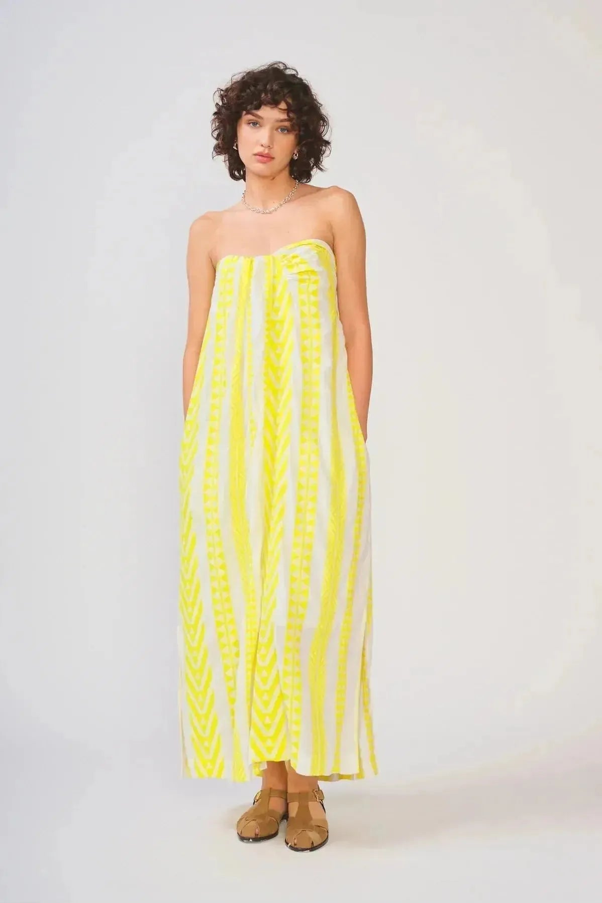 Rosalyn Strapless Dress Neon Yellow and White