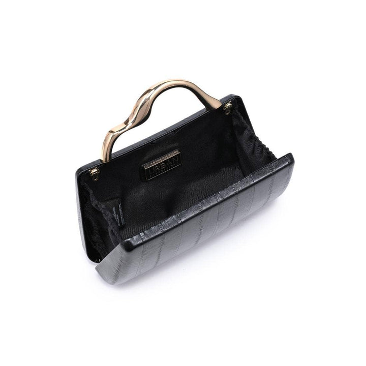 Nichelle clutch black featuring black crocodile-embossed leather and a gold-tone curved handle for elegant style