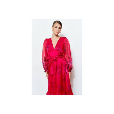 INA Floral Print Organza Red Maxi Dress
