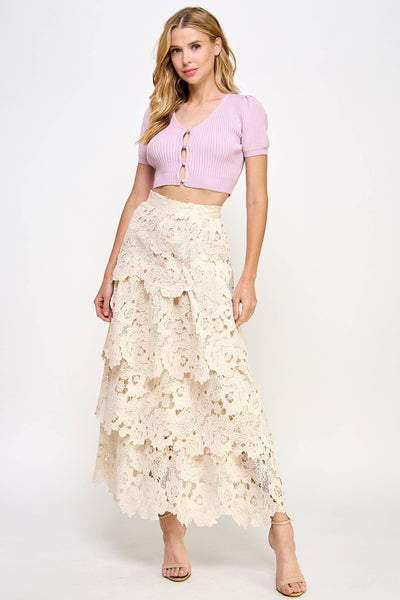 Ellison - TS-9996-6 EYELET TIERED RUFFLE MAXI SKIRT CREAM: S