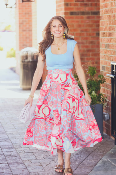 Milva MI Red, Pink, White Print Midi Skirt