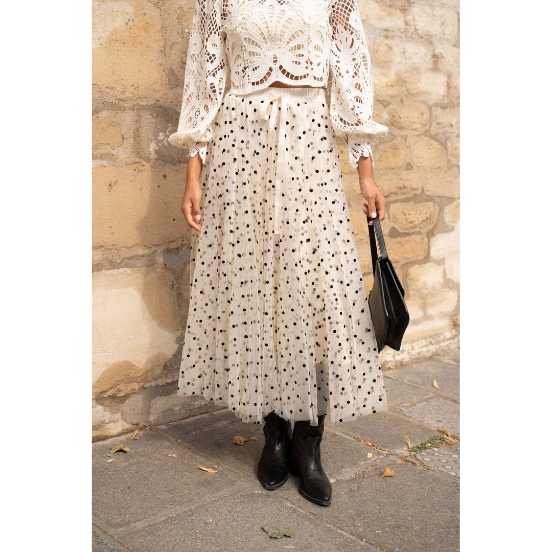 Aria tulle skirt with off-white flowing polka-dot tulle, fitted waistband, and sheer overlay