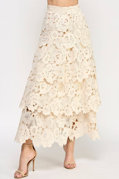 Ellison - TS-9996-6 EYELET TIERED RUFFLE MAXI SKIRT CREAM: S