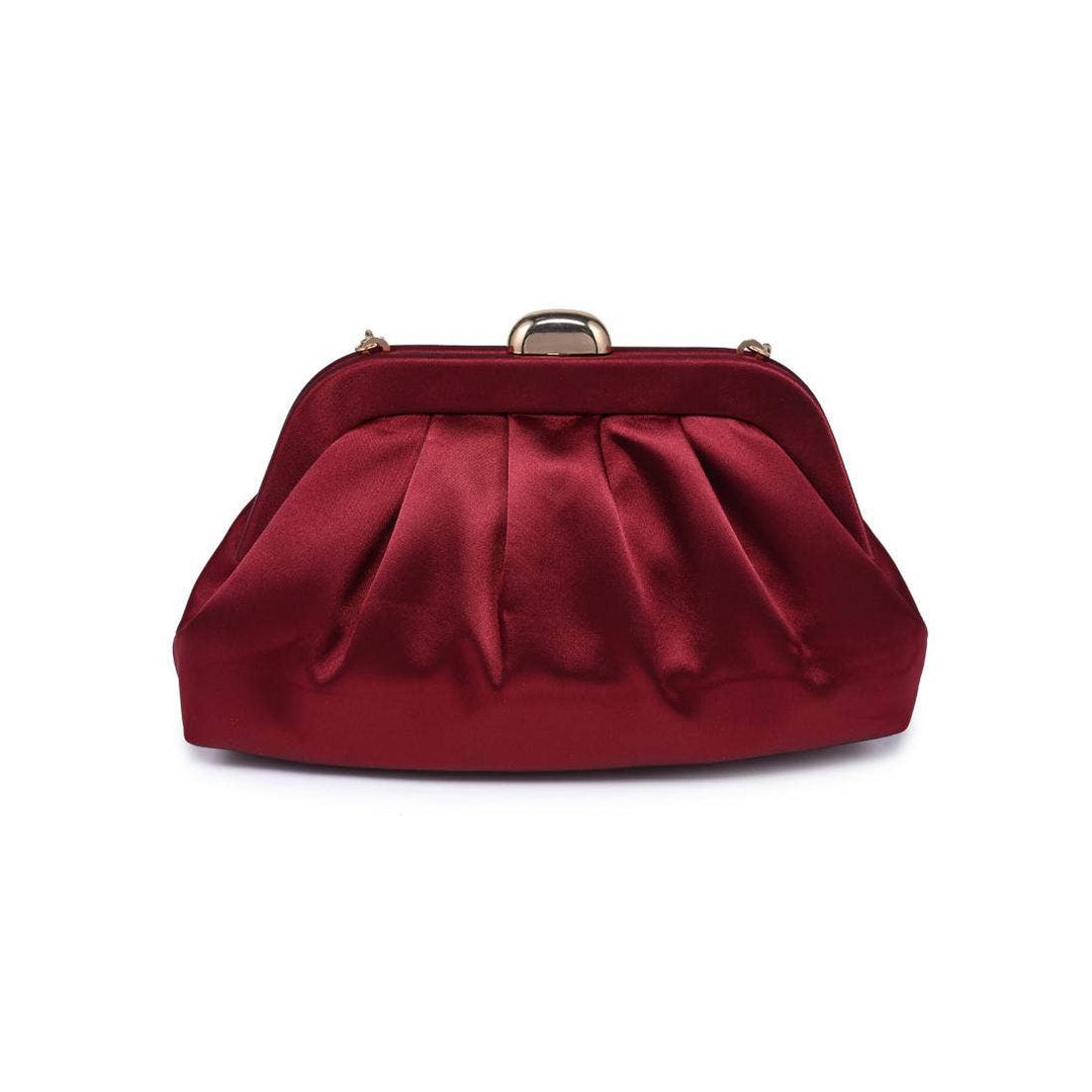 Evening clutch burgundy in deep red satin with subtle pleats and gold-toned clasp for elegant occasions