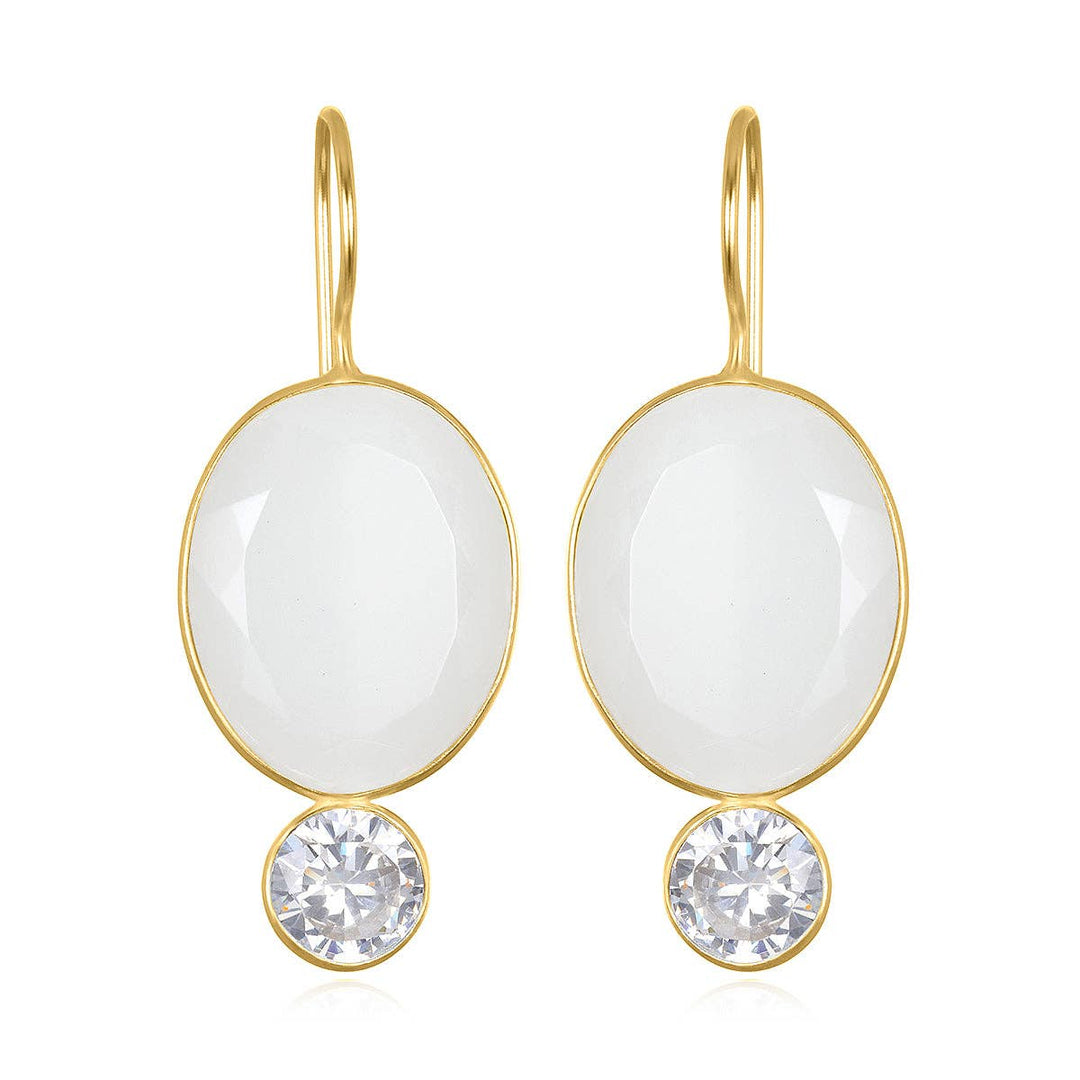Valencia grand oval earrings in lily gold with white chalcedony stones and round clear crystal accents