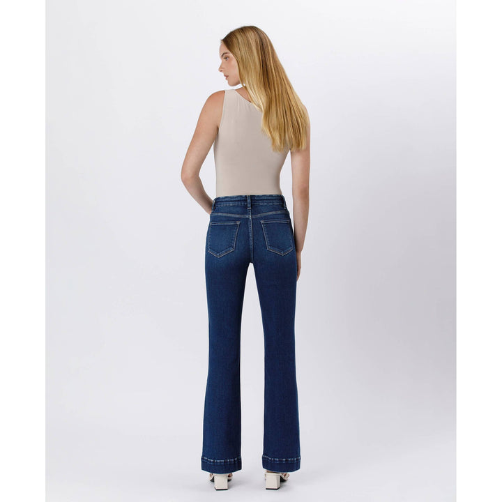 Dark blue high rise trouser denim flare jeans with rolled cuffs made of denim material
