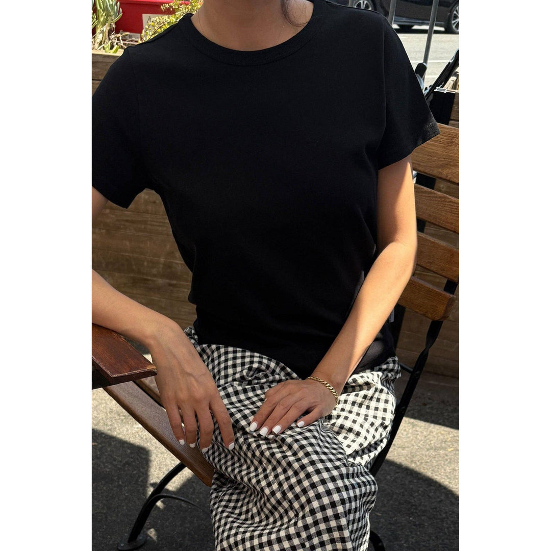 Black short-sleeved crew neck Go-To Premium Tee with subtle texture ideal for casual and everyday wear