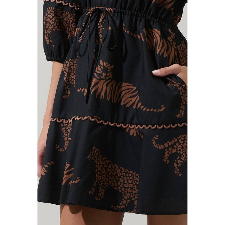 Zenzi Jungle Mini Dress black with brown tiger and leopard print featuring drawstring waist and scalloped hem