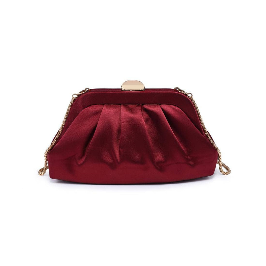 Evening clutch burgundy deep red satin bag with gold tone clasp and chain strap for elegant occasions