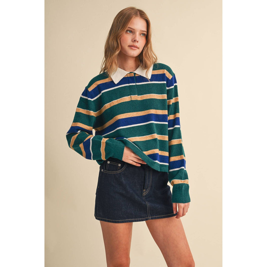 Striped polo sweater in pine navy and mustard with a white collar featuring bold horizontal rugby-style stripes