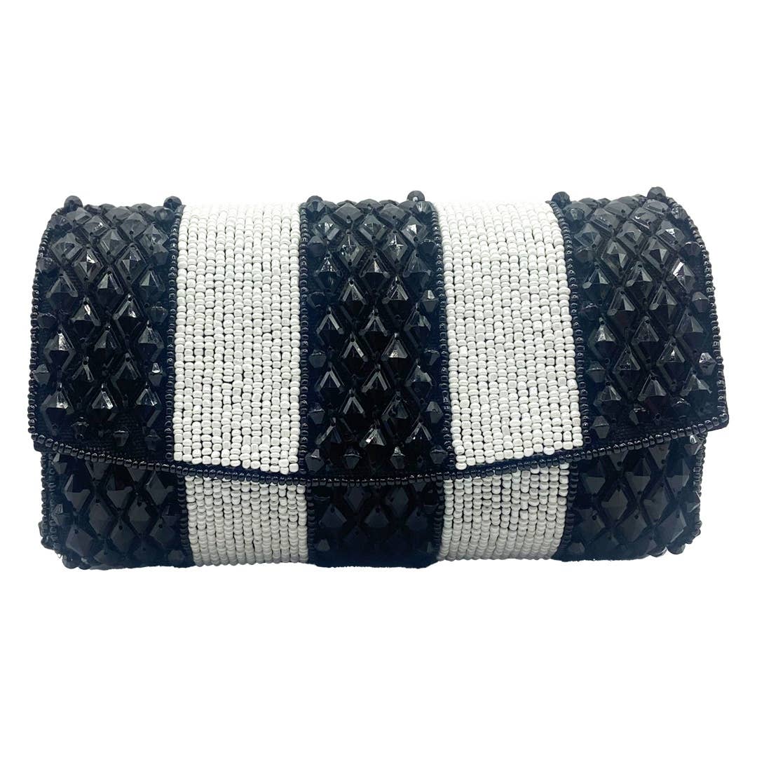 Black and white striped beaded clutch featuring a geometric pattern of alternating stripes perfect for stylish outings