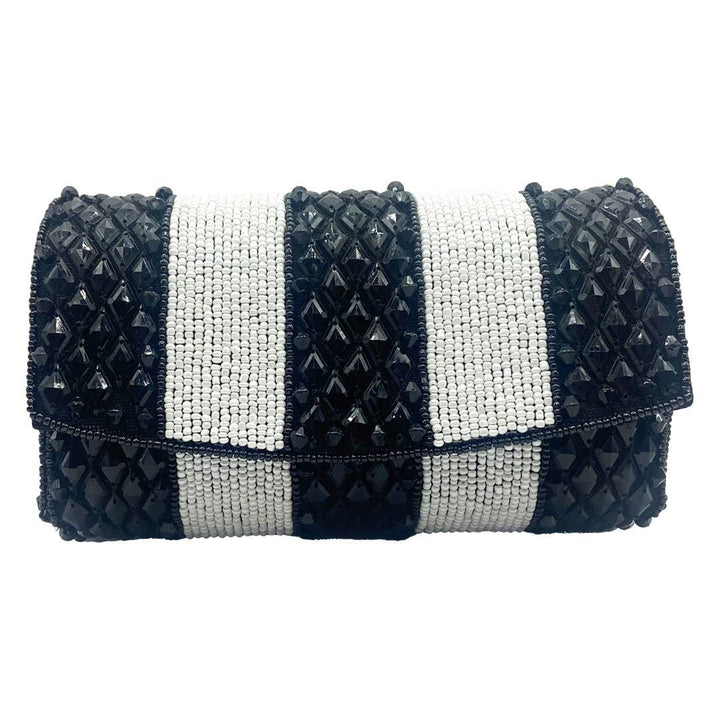 Black and white striped beaded clutch featuring a geometric pattern of alternating stripes perfect for stylish outings